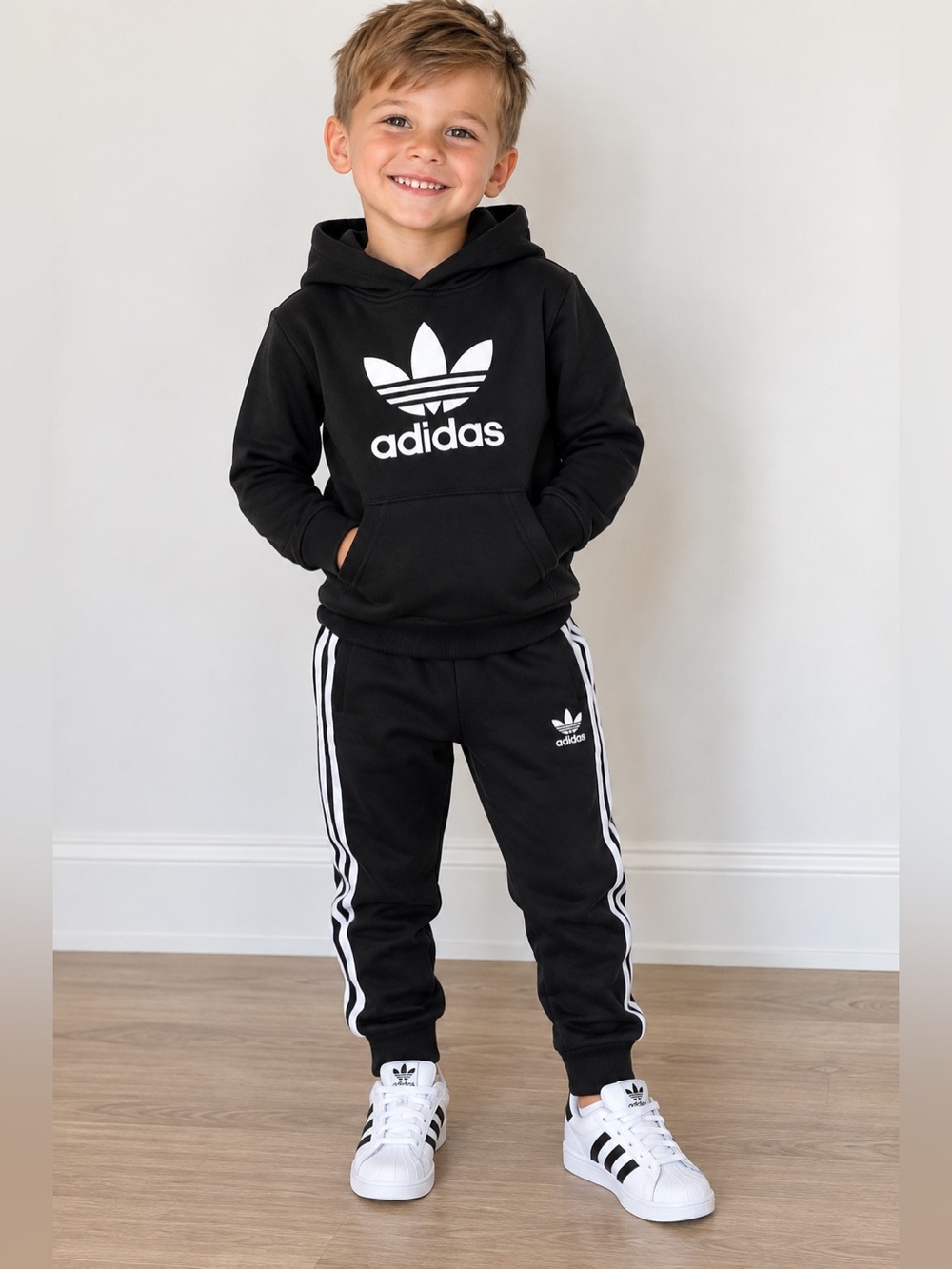 Adidas Originals Trefoil Hoodie Jogger Tracksuit Set Boys 4 Black
